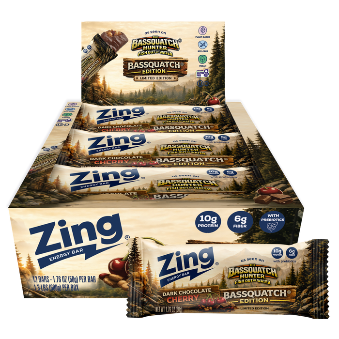 Box of Zing energy bars with Bassquatch edition packaging on a white background