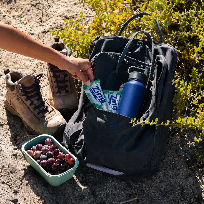 zing bars in a book bag while hiking