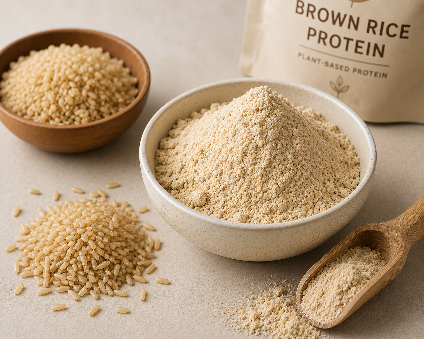 Close-up of brown rice protein powder with brown rice grains in a clean softly lit natural food setting.