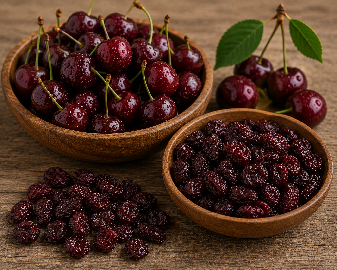 Close-up of fresh tart cherries and dried tart cherries in wooden bowls on a rustic wooden surface.