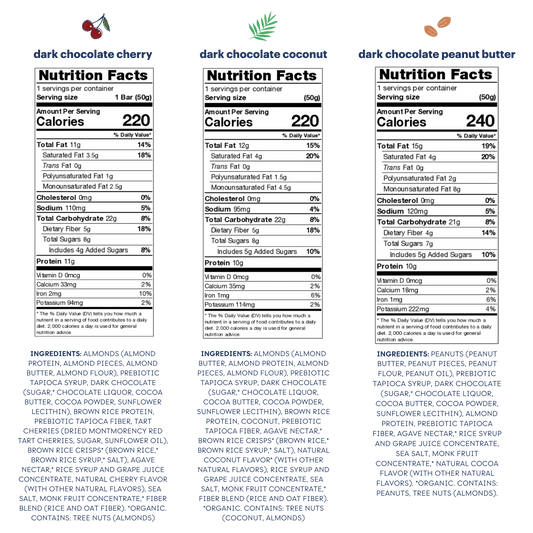 nutritional facts and ingredients for dark chocolate cherry, dark chocolate coconut, and dark chocolate peanut butter